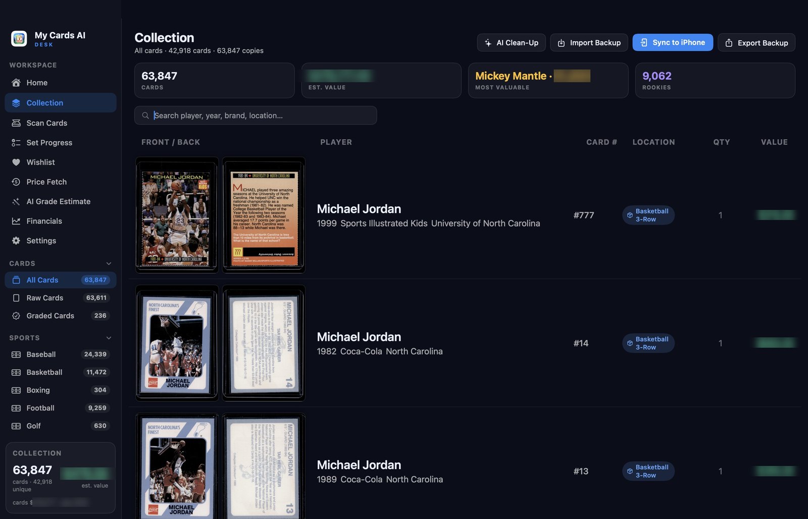 The collection list: 63,847 cards, each row showing front and back scans, card number, storage location, quantity and value.