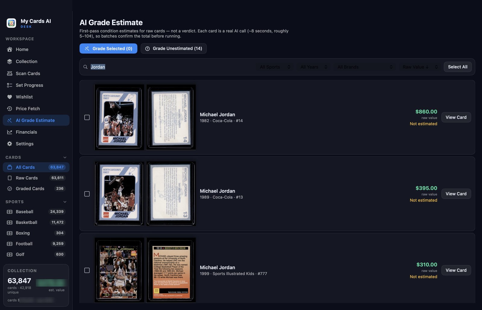 The AI Grade Estimate tab: cards listed with their front and back scans and buttons to read the grading notes, run the money math, or open the card.