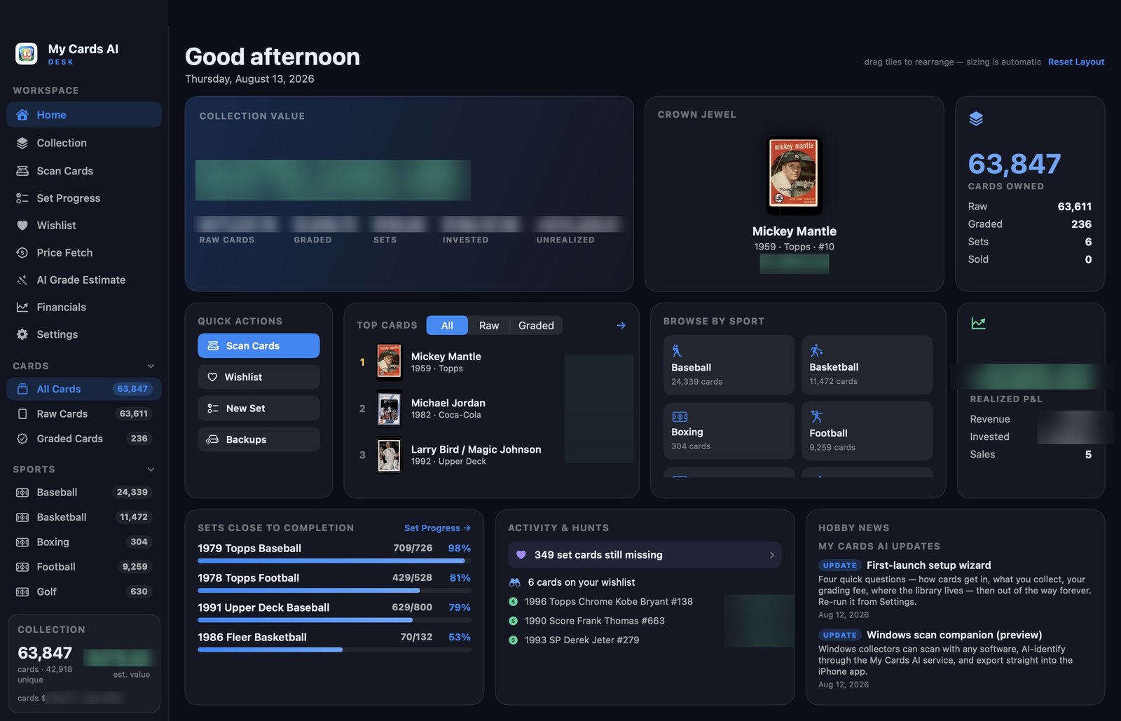 The My Cards AI Desk home screen: collection value with a raw, graded and sets breakdown, a 1959 Topps Mickey Mantle as the crown jewel, 63,847 cards owned, top cards, sets close to completion, wish list activity, and hobby news.