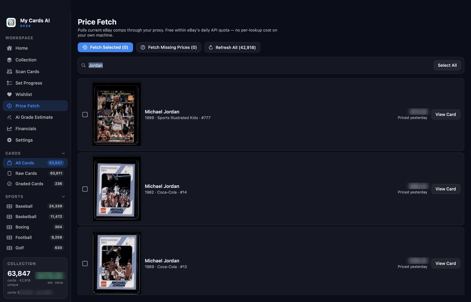 The Price Fetch tab: buttons to fetch selected cards, fetch only the cards missing prices, or refresh all 42,918, above rows showing each card with its scan, its price, and when it was last priced.