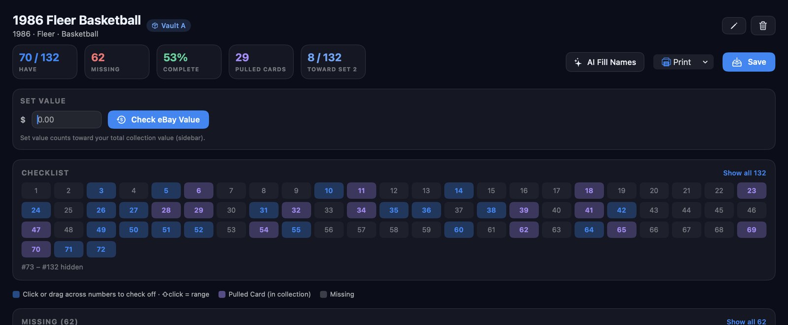 A set checklist in My Cards AI: counts for cards held, cards missing, percent complete and 29 pulled cards, above a grid of card numbers where violet numbers came from the collection, blue numbers were checked off by hand, and grey numbers are still missing.