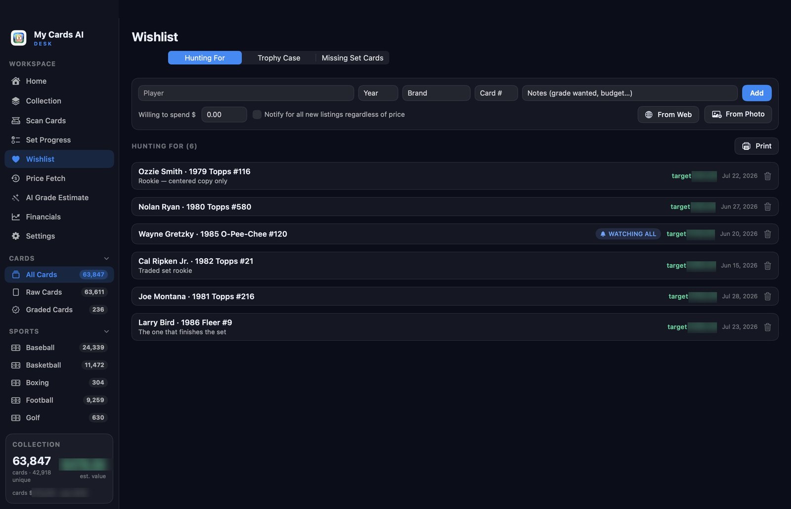 The Wish List tab: tabs for cards being hunted, a trophy case of cards found, and missing set cards; each row shows the card, its target price, and a badge on hunts that watch every listing.
